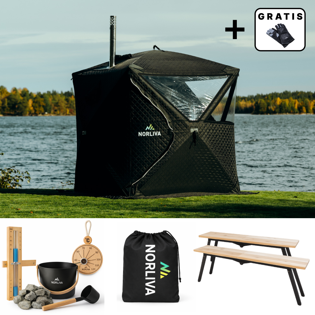 Set: Saunatent Isen 2.0 + Saunaoven + Sauna-accessoires + Regenbescherming + Banken
