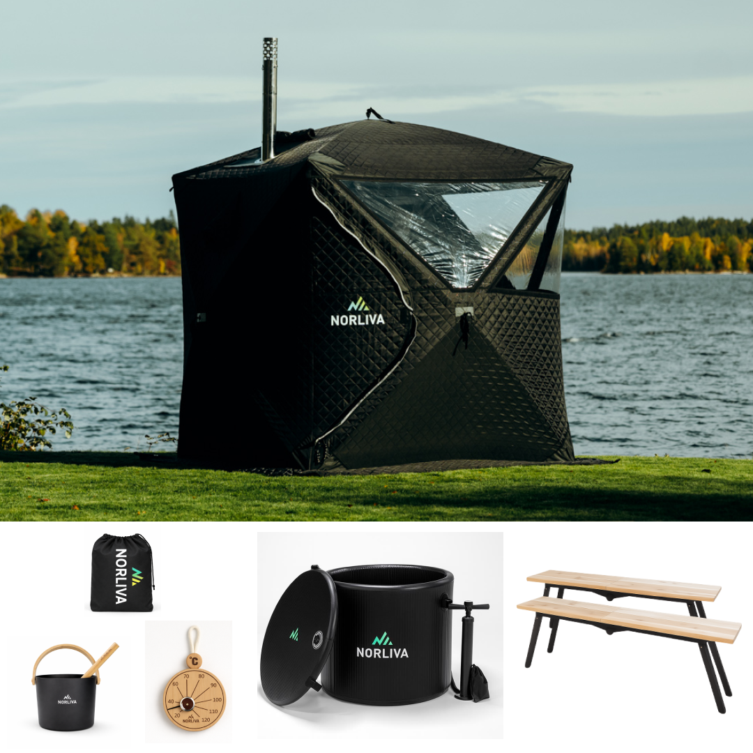Set: saunatent Isen 3.0 + kachel + sauna-accessoires + regenbescherming + banken + ijsbad