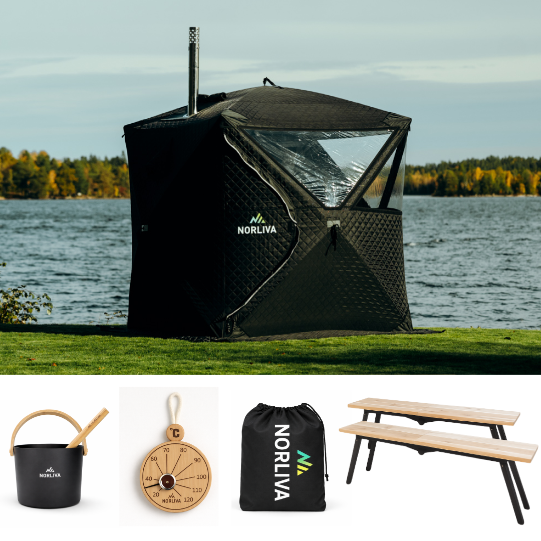 Set: saunatent Isen 3.0 + kachel + sauna-accessoires + regenbescherming + banken
