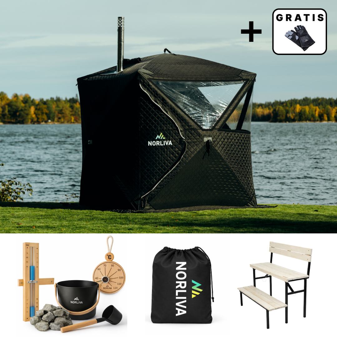Set: Saunatent Isen 2.0 + Saunaoven + Sauna-accessoires + Regenbescherming + Tweetraps bank