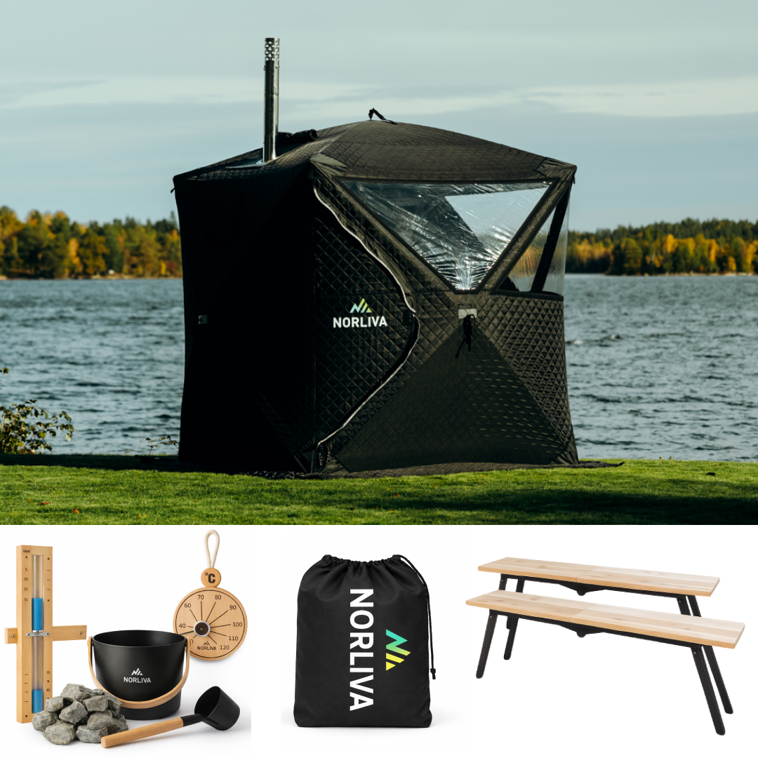 Set: Saunatent Isen 2.0 + Saunaoven + Sauna-accessoires + Regenbescherming + Banken