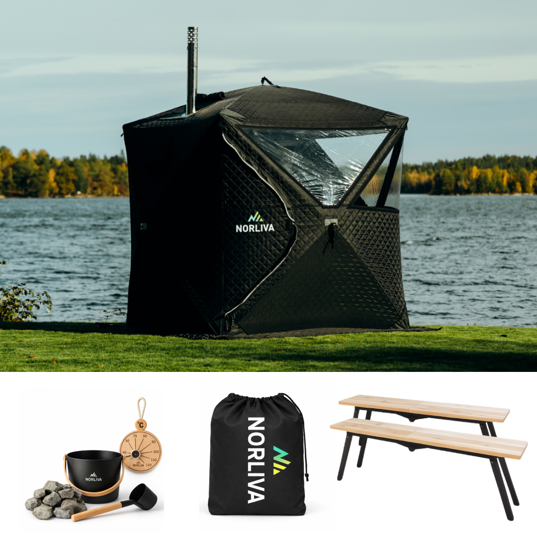 Set: saunatent Isen 3.0 + kachel + sauna-accessoires + regenbescherming + banken