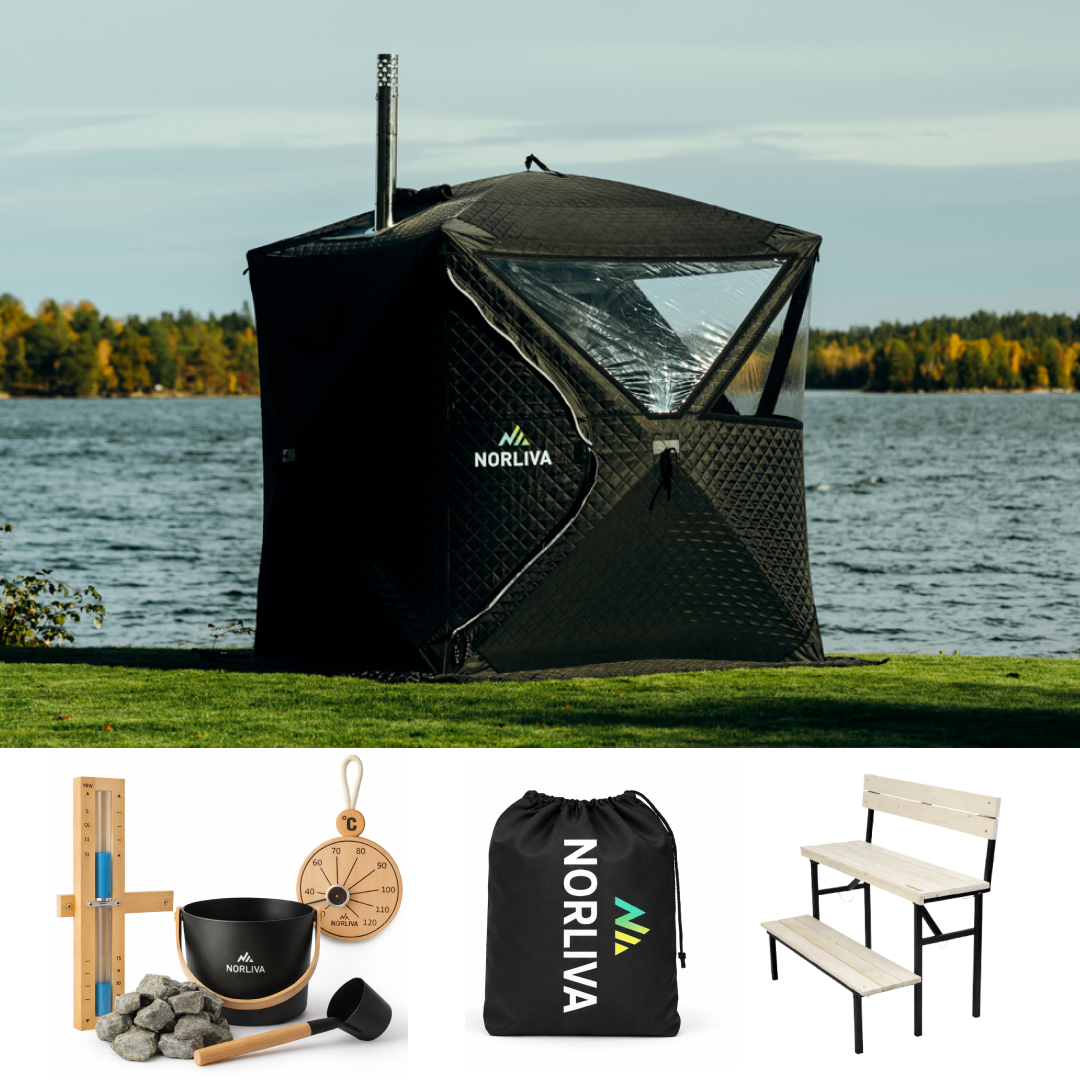 Set: Saunatent Isen 2.0 + Saunaoven + Sauna-accessoires + Regenbescherming + Tweetraps bank