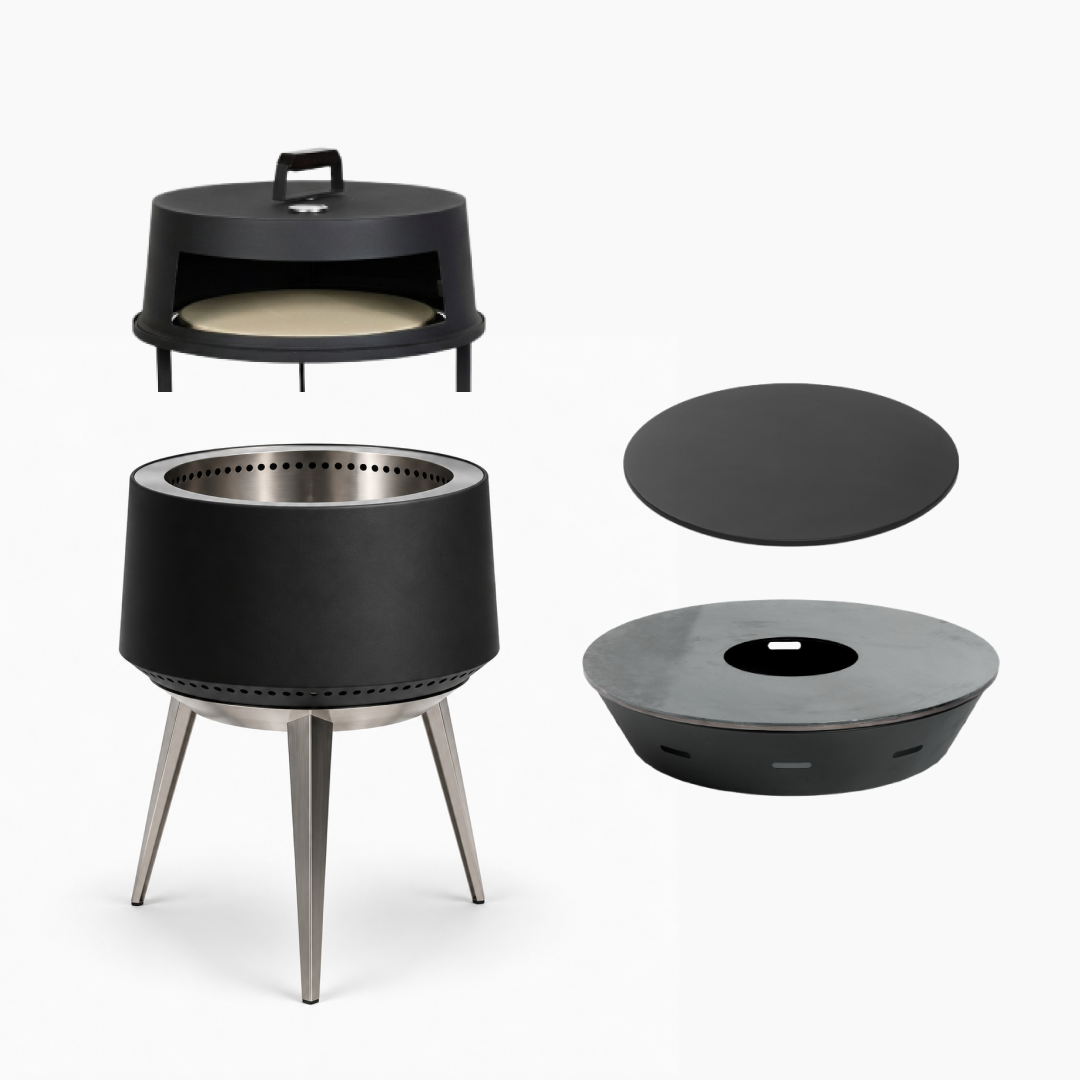 Set: Juna Pluss + deksel + grill met vuurschaal en bakplaat + pizzaovenopzetstuk