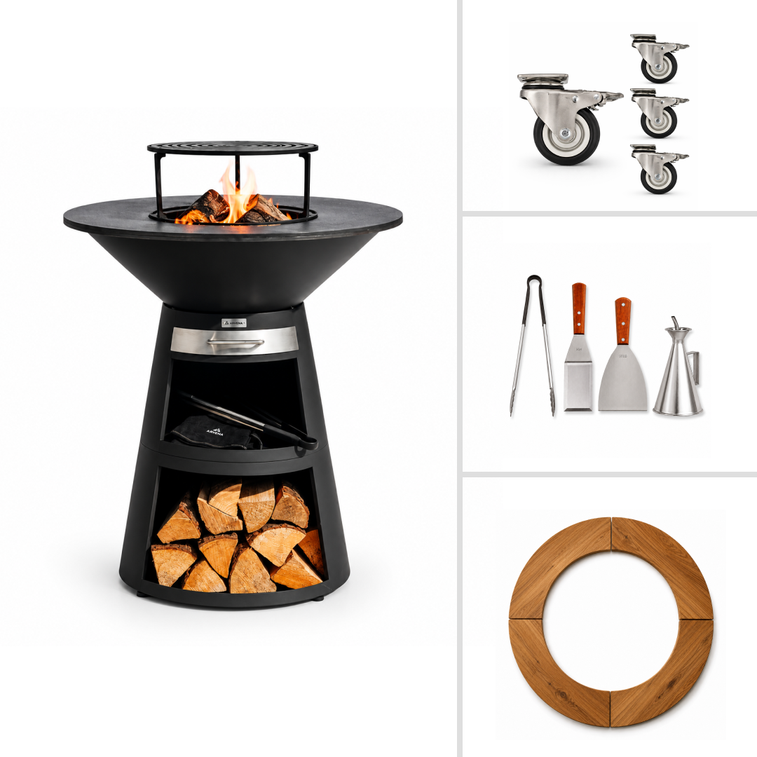 Set: vuurschijvengrill Aska + barbecue-accessoires + wielen + houten omranding, 4-delig