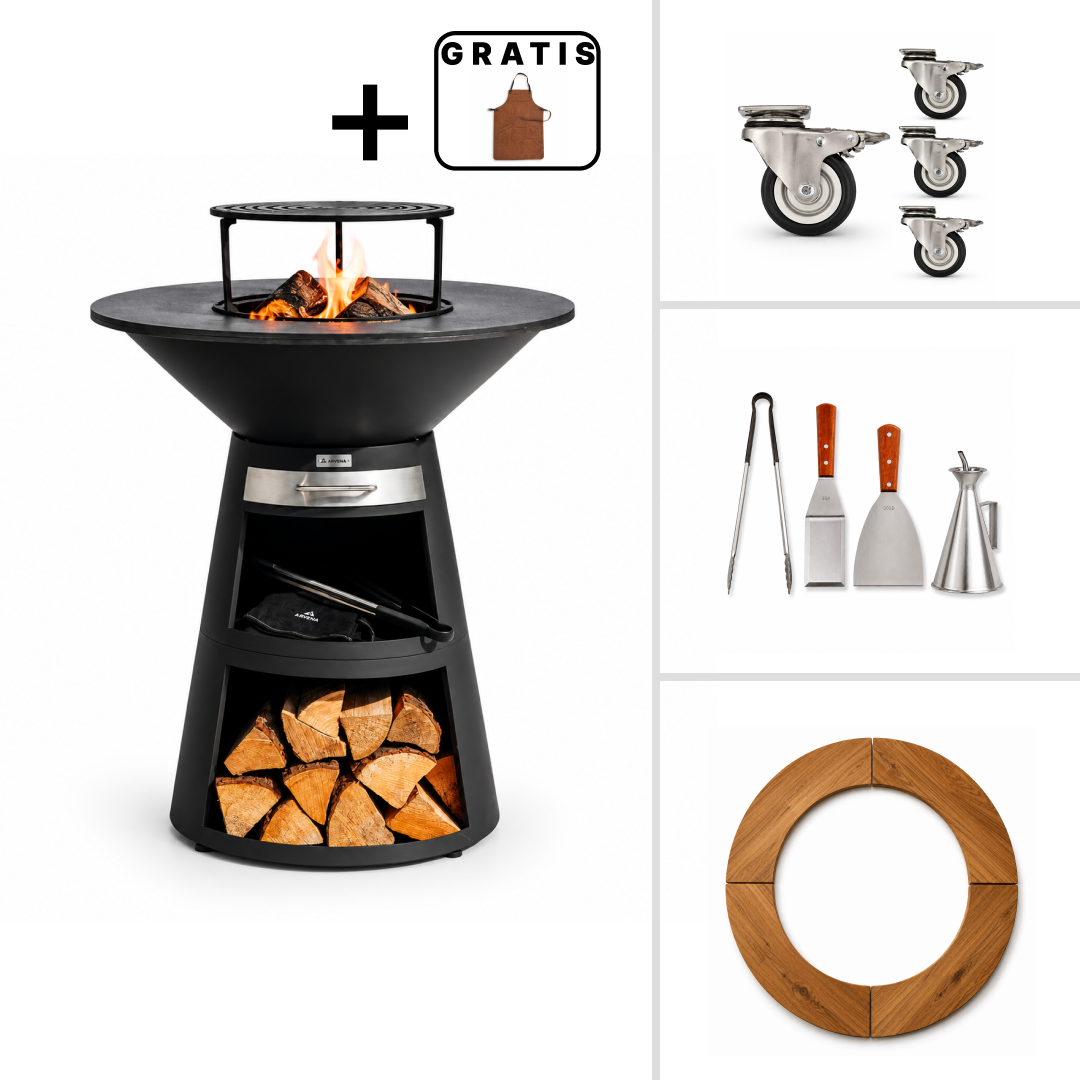 Set: vuurschijvengrill Aska + barbecue-accessoires + wielen + houten omranding, 4-delig